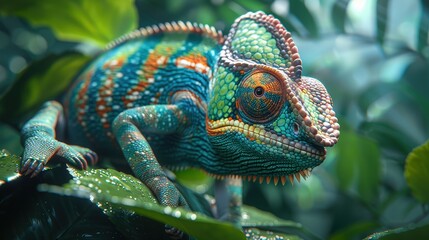 Obraz premium Close Up of a Vibrant Chameleon on Lush Foliage