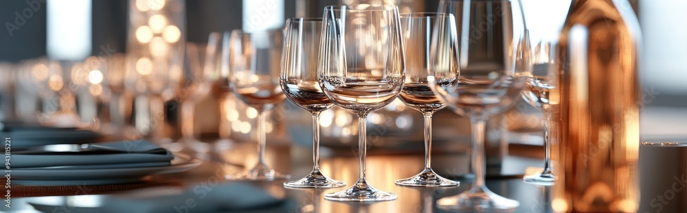 Poster 3d rendering of elegant transparent wine glasses and bottles in a dining setting
