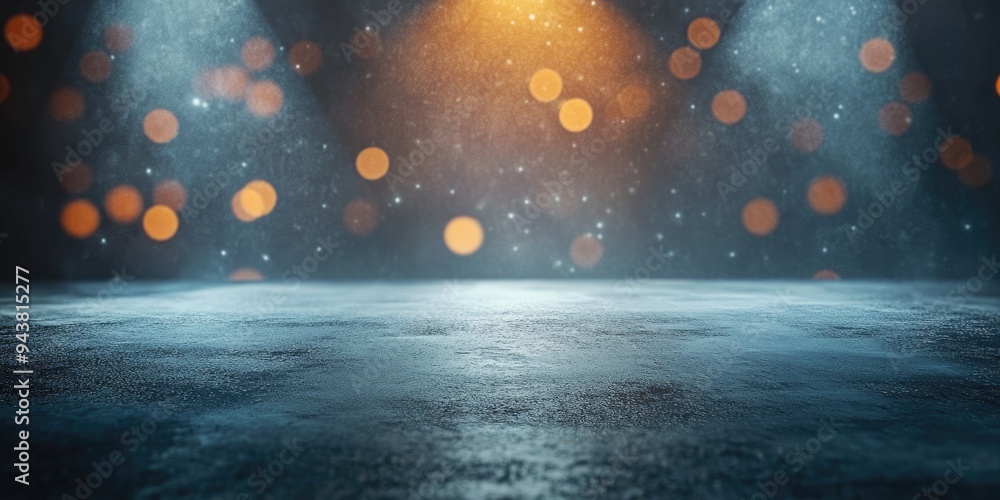 Poster 3d rendering of a spotlight illuminating a concrete floor with a dark background and bokeh lights