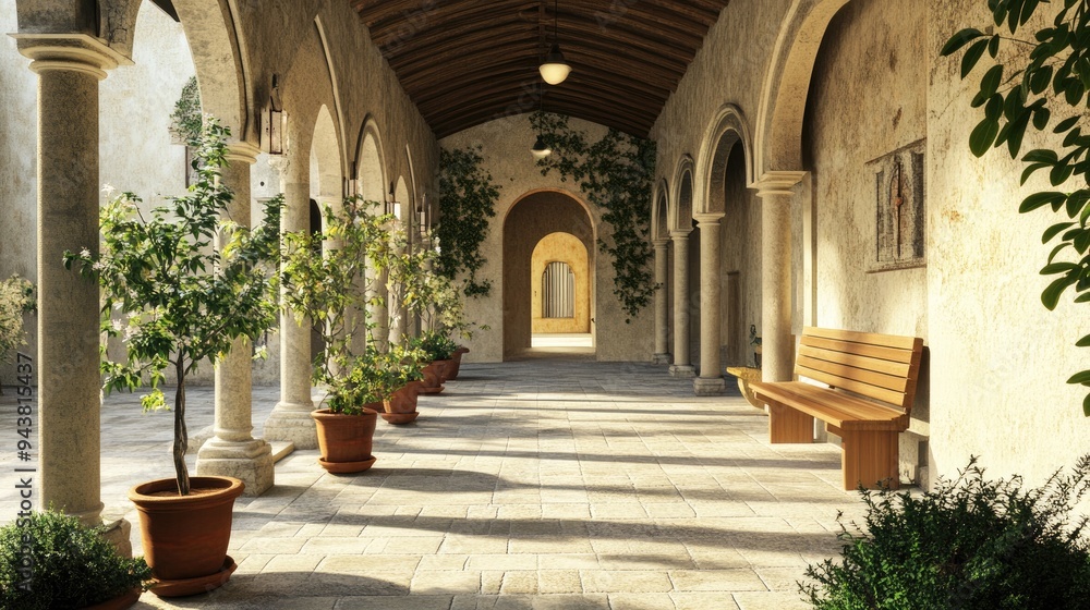 Poster 3d rendering of a tranquil cloister setting