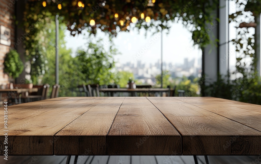 Poster 3d rendering of an empty wooden table with a blurred restaurant cafe backdrop suitable for product d