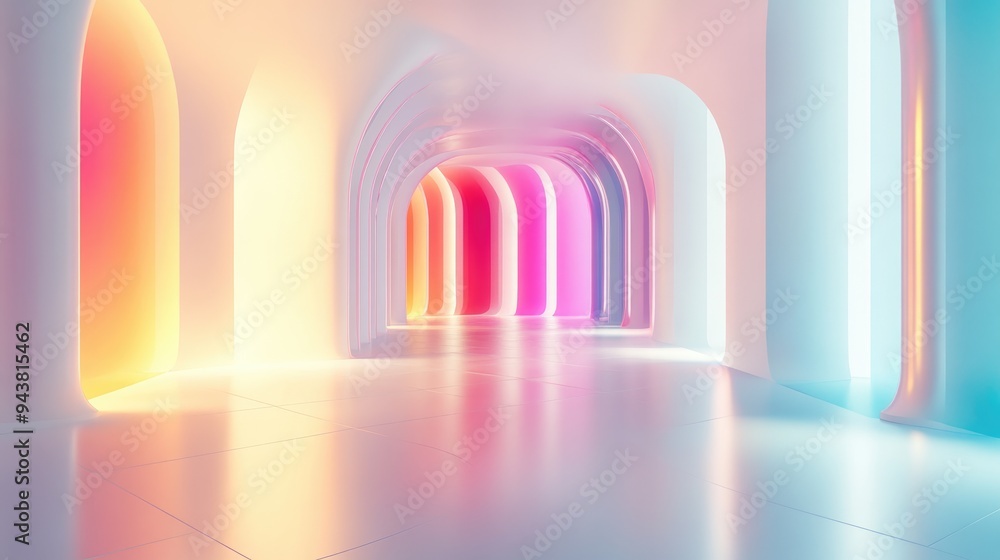 Poster abstract architectural background featuring a white interior with discs and colorful gradient neon l