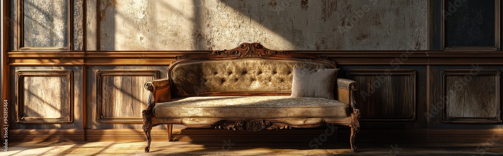 Poster 3D rendering of an old antique sofa captured with flash in a dining setting