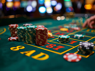  Casino Roulette Table with Stacks of Chips in Play Poker chip close up