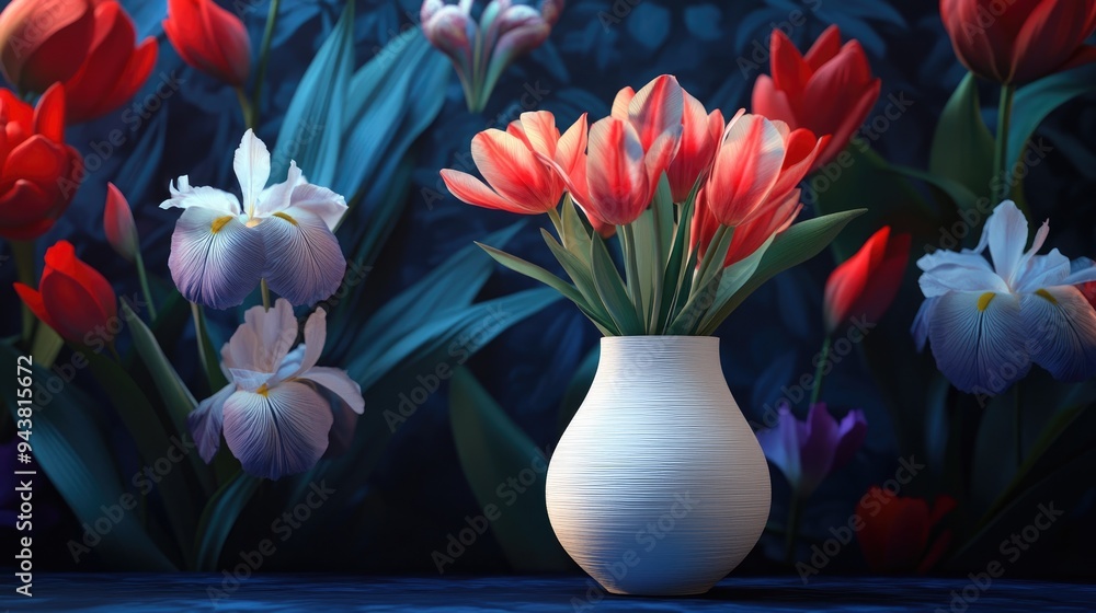 Poster 3d rendering of a captivating still life featuring tulips and irises with a light vase contrasting a