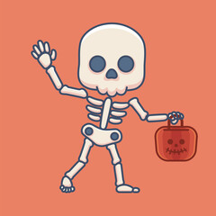 Vector Illustration of Cartoon Skeleton Holding A Basket Pumpkin.