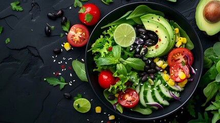 A beautifully arranged Southwestern salad with black beans, corn, avocado, and tomatoes, topped with cilantro-lime dressing, placed in a dark bowl on a dark background,