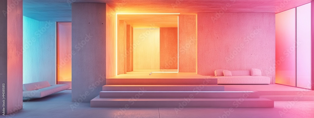 Poster minimalist house featuring an abstract architectural design with concrete and white interiors enhanc