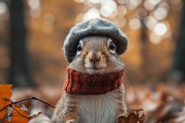 A squirrel is dressed in a hat and scarf, adding a touch of whimsy to its appearance