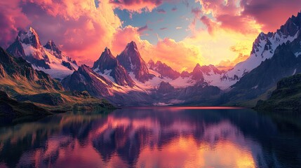 A breathtaking sunset over mountains, with a lake reflecting the vibrant colors of the sky and the peaks.