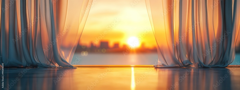 Poster 3D rendering of a sunset view from a balcony draped with curtains creating an abstract background