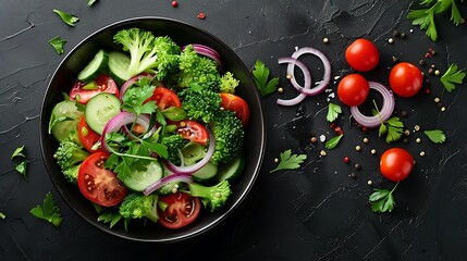 A beautifully arranged vegetable salad with bell peppers, cherry tomatoes, cucumbers, and red onions, dressed in a light vinaigrette, placed in a dark bowl on a dark background,