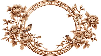Elegant Chinese-Style Wooden Mirror Frame with Peony and Bird Motifs in Muted Gold - Vector Illustration on White Background