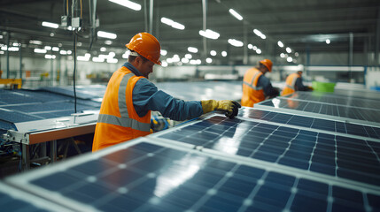 workers assembling photovoltaic panels in a factory,