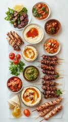 A delightful assortment of Arabic cuisine showcases grilled meats, dips, and fresh vegetables, perfect for sharing at a meal