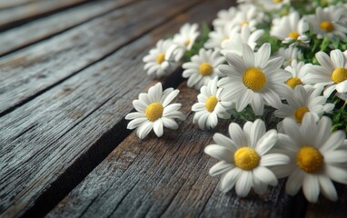 Obraz premium 3D rendering of daisy flowers on a rustic wooden surface creating floral backgrounds