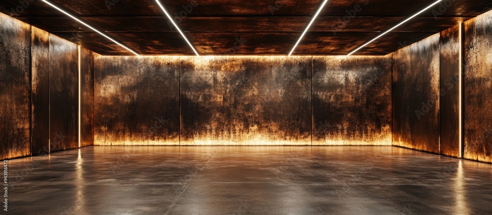 Poster empty smooth abstract interior featuring rusted metal sheets and brown concrete architectural backgr