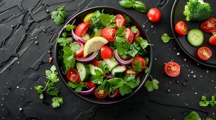 A bowl of herb-infused salad featuring parsley, cilantro, and basil, combined with crunchy vegetables and a lemon dressing, placed on a dark, textured surface,