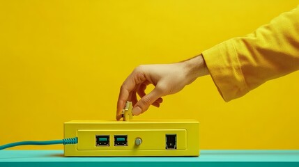 Close-up of a hand plugging an Ethernet cable into a yellow router against a bright yellow background.