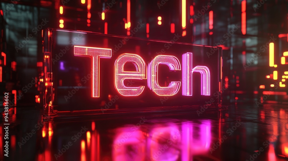 Poster 3d rendering of a neon sign featuring the word tech at the center set against an abstract scene with