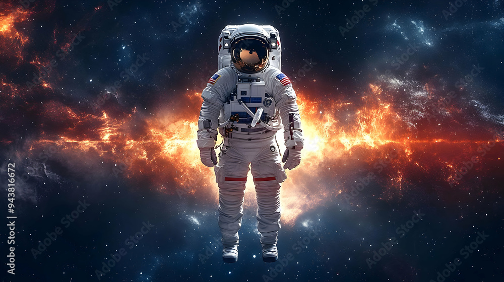 Poster an astronaut floats in space, surrounded by a nebula.