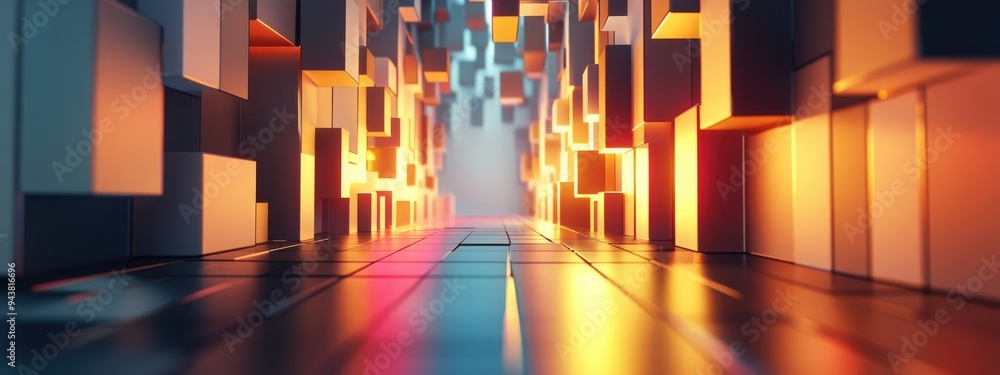 Poster 3d rendering of an abstract background featuring a long corridor with extruded simple shapes and ill