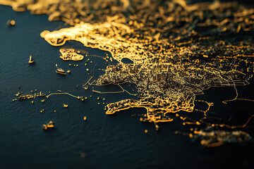 Technical aerial visual, 3D LiDAR GIS aerial map satellite scan model isolated, showing Piraeus, Greece. Elevation, topography, render