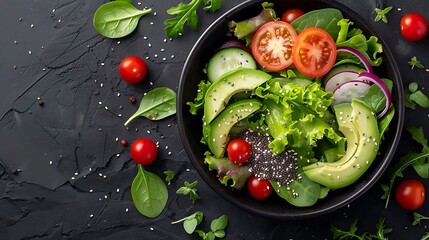 A bowl of leafy greens with creamy avocado slices, cherry tomatoes, and chia seeds, placed on a dark, textured surface, showcasing the vibrant colors and freshness,