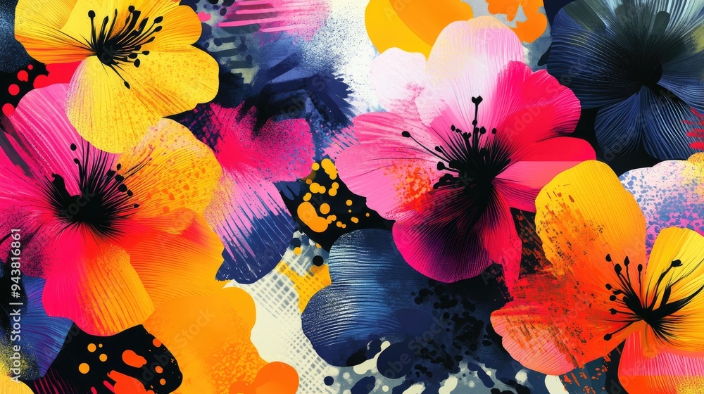 Poster an abstract pattern of vibrant flowers, blending colors and shapes to create a dynamic, artistic flo