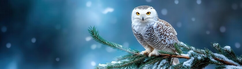 Fototapeta premium Snowy owl perched on a branch in a winter wonderland.