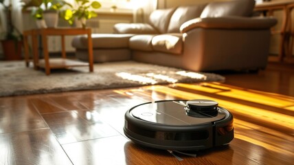 Robot vacuuming the floor, highlighting its role in maintaining a clean home