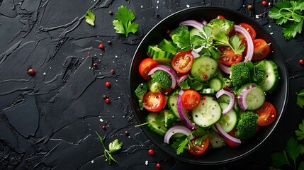 A bowl of vibrant vegetable salad featuring bell peppers, cherry tomatoes, cucumbers, and red onions, with a light vinaigrette, placed on a dark, textured surface,