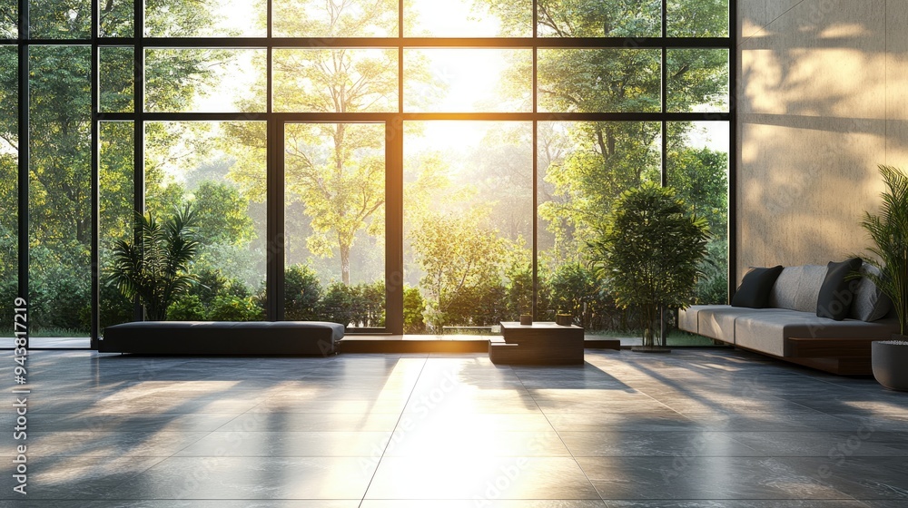 Poster interior space featuring a large window in a 3d rendering