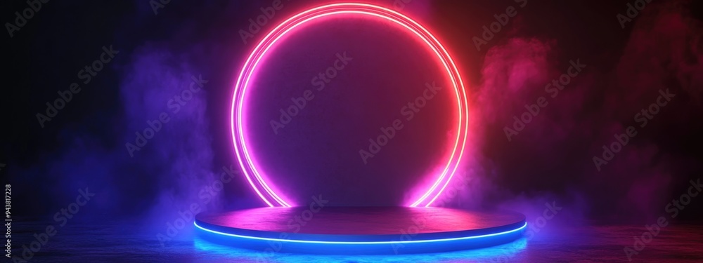 Poster 3d rendering of a product podium mockup for presentation with a vibrant neon light background