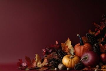 Autumnal Still Life with Pumpkins, Pine Cones, and Leaves on a Burgundy Background