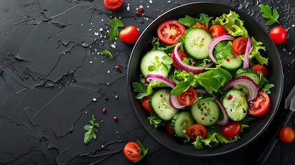 A bowl of vibrant vegetable salad featuring bell peppers, cherry tomatoes, cucumbers, and red onions, with a light vinaigrette, placed on a dark, textured surface,