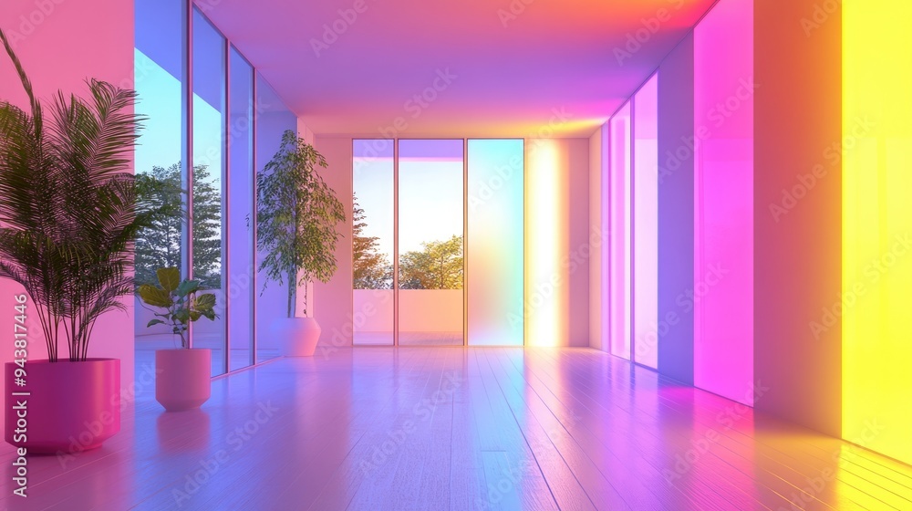 Poster minimalist house interior with large windows featuring a 3d rendering of an abstract architectural d
