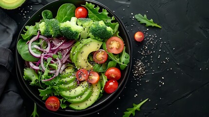 A colorful bowl of leafy greens with creamy avocado slices, cherry tomatoes, and chia seeds, presented on a dark, elegant plate, with the vibrant colors standing out against the background,