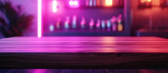 Fototapeta premium 3D rendering of a wooden kitchen table background with a blurred clean abstract interior and bokeh effect suitable for showcasing or mounting wooden dining table designs