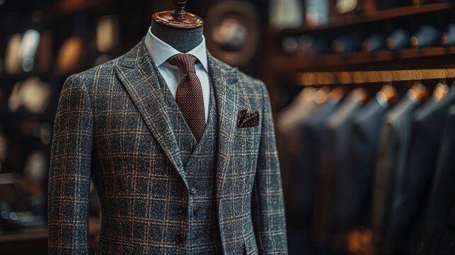 Close up of custom made high quality tailored suit by designer on tailor mannequin in luxury tailoring atelier. Concept of fashion, handmade, hand craft, couturier and business.