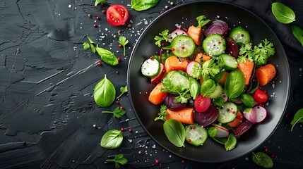 A colorful combination of roasted root vegetables including carrots, beets, and sweet potatoes, served cold on a dark plate, photographed from above on a dark wooden table,