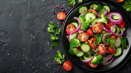 A colorful medley of fresh vegetables including bell peppers, cherry tomatoes, cucumbers, and red onions, lightly tossed in vinaigrette, presented on a dark, elegant plate,