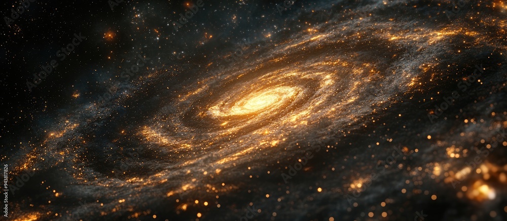 Poster view from space of a spiral galaxy and stars in a 3d cartoon rendering showcasing a universe filled 