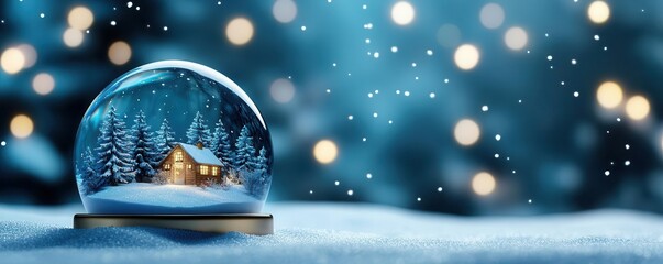 Snow globe with a miniature winter scene, glowing lights, and a snowy backdrop.