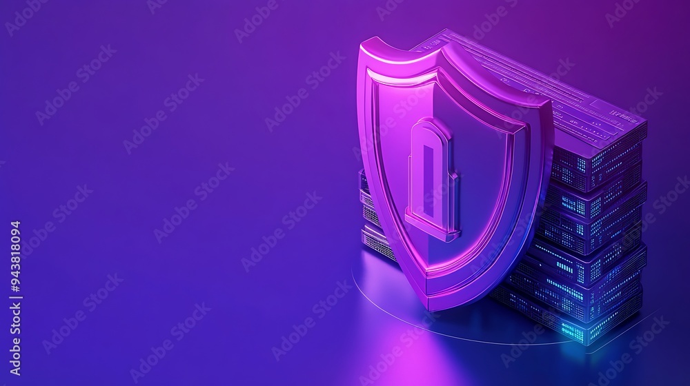 Poster 3d cyber security concept with shield and data stacks in neon light representing digital protection 