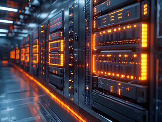 A row of modern, high-tech server cabinets with glowing orange lights and digital displays,
