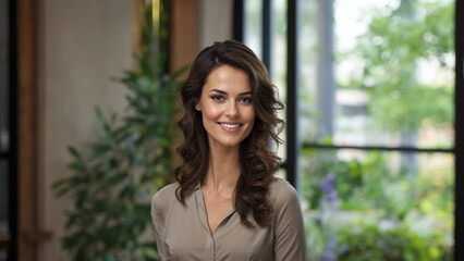 Fototapeta premium A stunning portrait of a mature brunette businesswoman with a warm smile. Her healthy skin and natural makeup highlight her ageless beauty. Perfect for cosmetic, skincare, and business