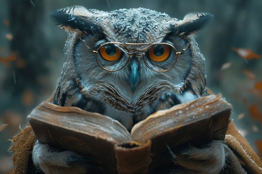A knowledgeable owl in glasses and academic attire is engrossed in reading a book