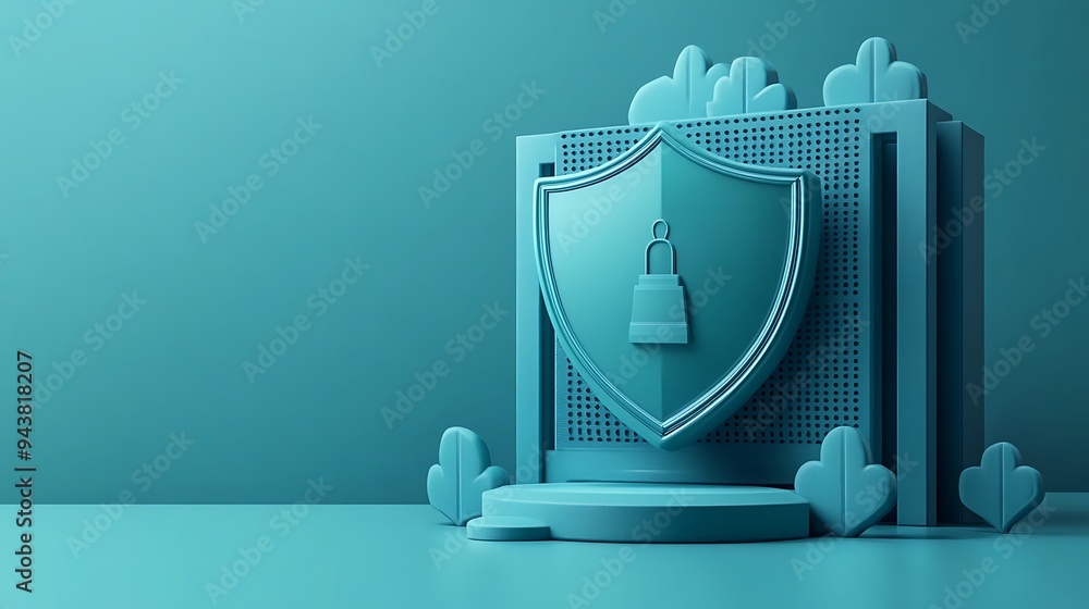 Poster 3d digital illustration of a secure data protection concept with a shield and lock symbol in a teal 