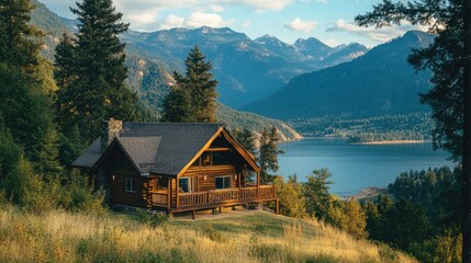 A cabin nestled in the hills, offering a stunning view of the lake and mountains beyond.
